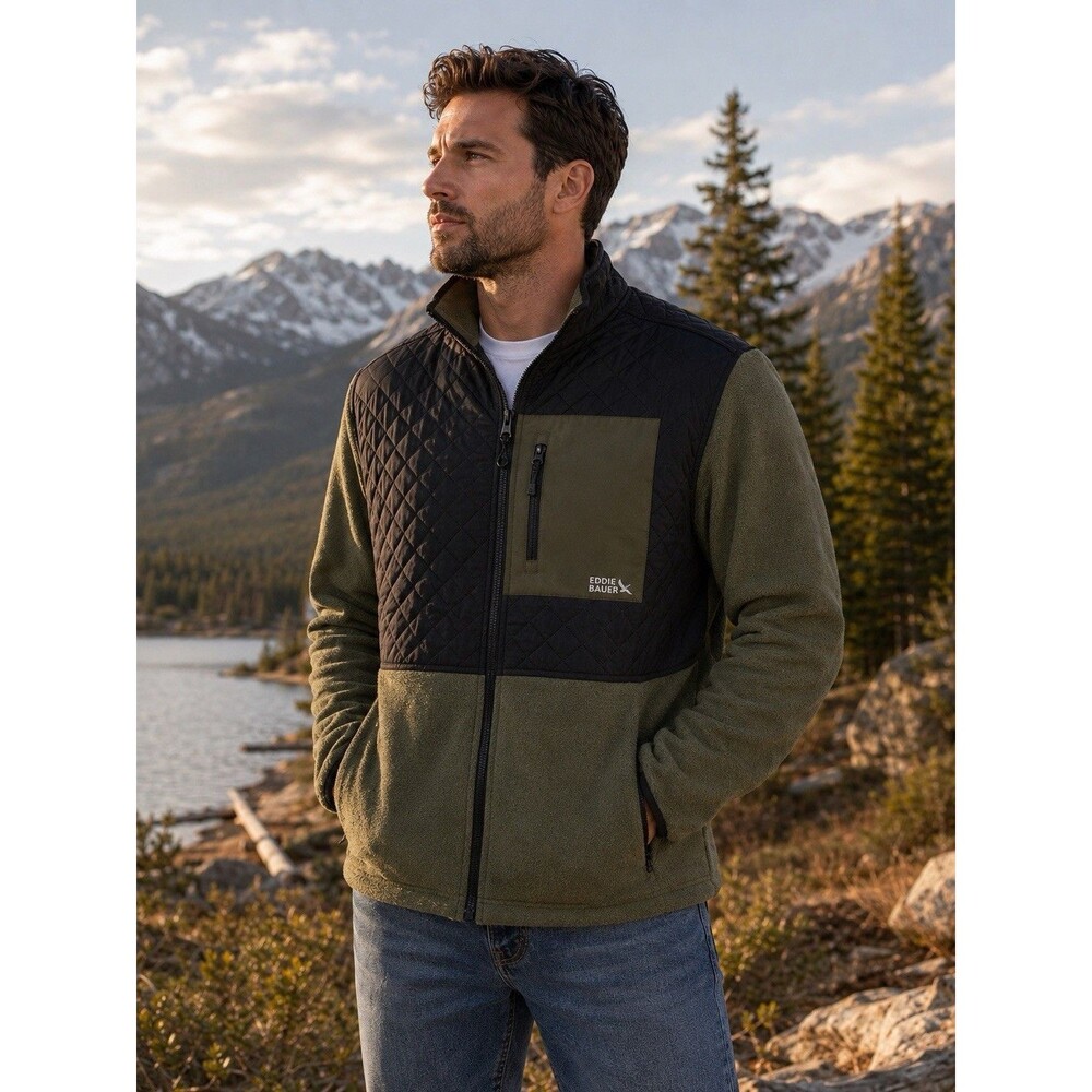Eddie Bauer Mixed Media Full Zip Fleece Jacket Olive Green Gorpcore Hunting Coat